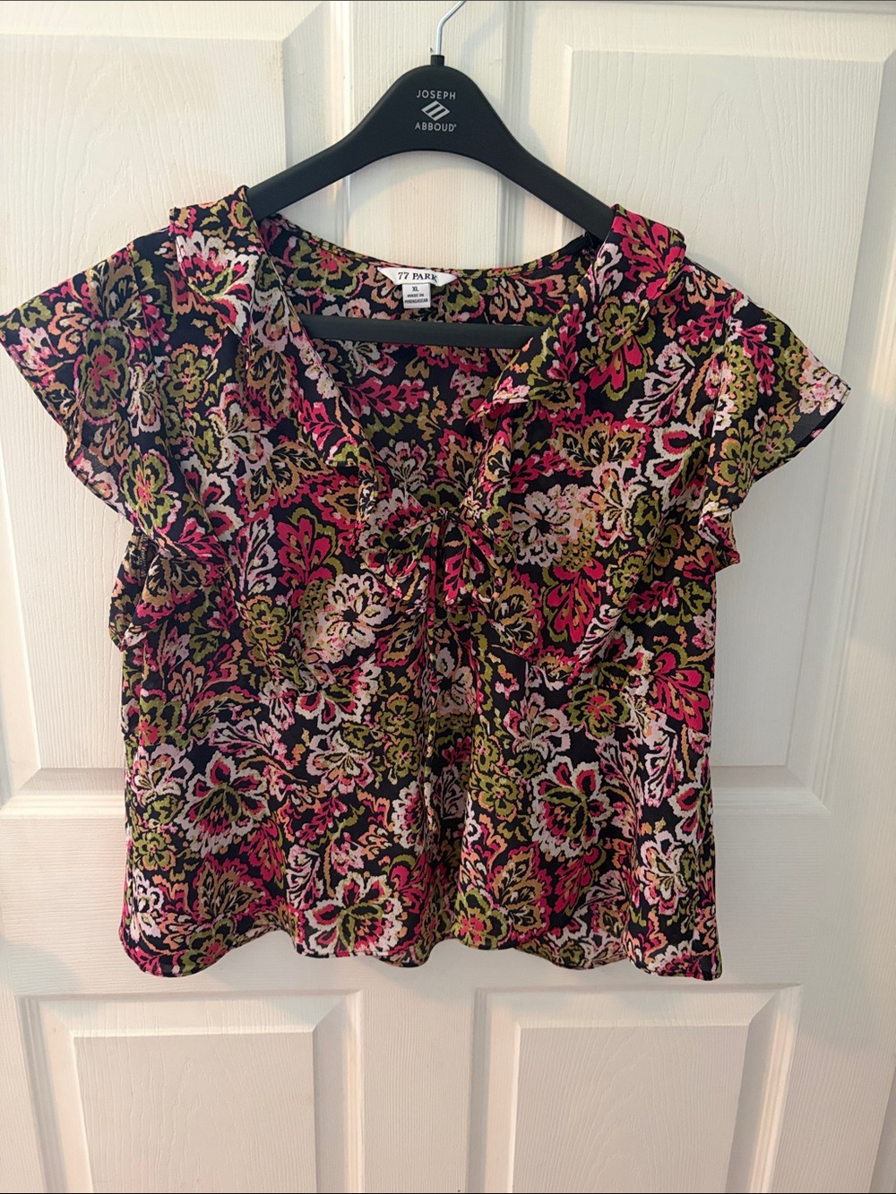 Tie-Neck Ruffle Floral Blouse in Black, Pink & Olive